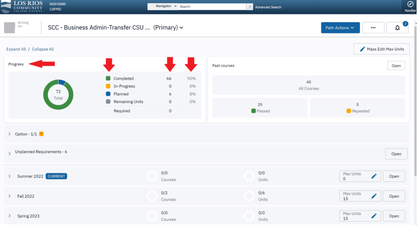 Screenshot of Degree Planner with the progress bar highlighted