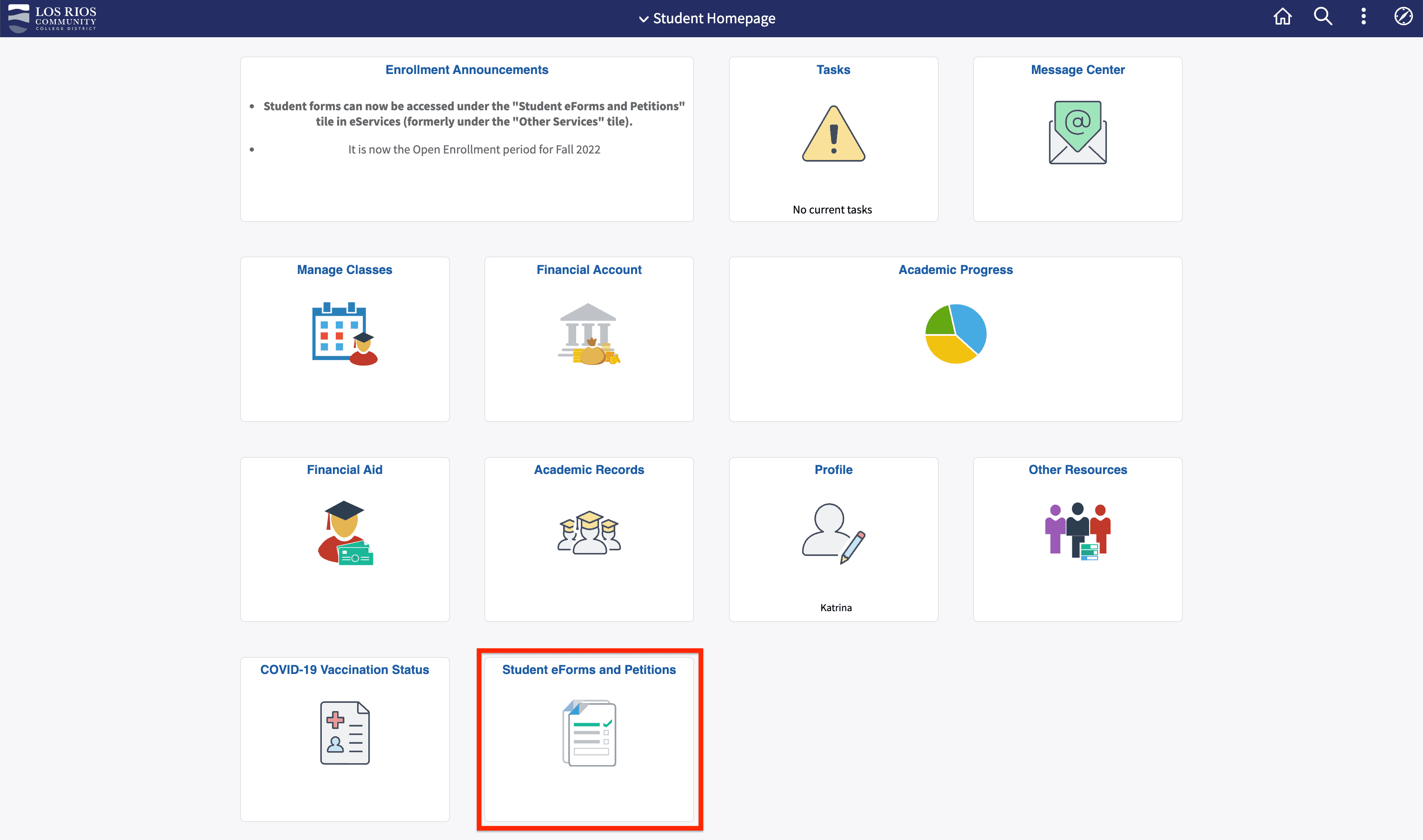 Screenshot of eServices student homepage with Student eForms tile highlighted