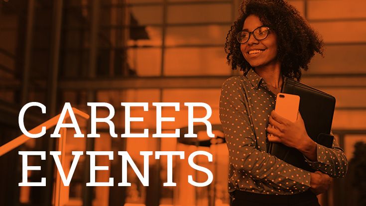 A student holding books and the words Career Events