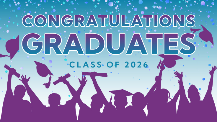 A silhouette gaphic of students raising diplomas and caps for graduation