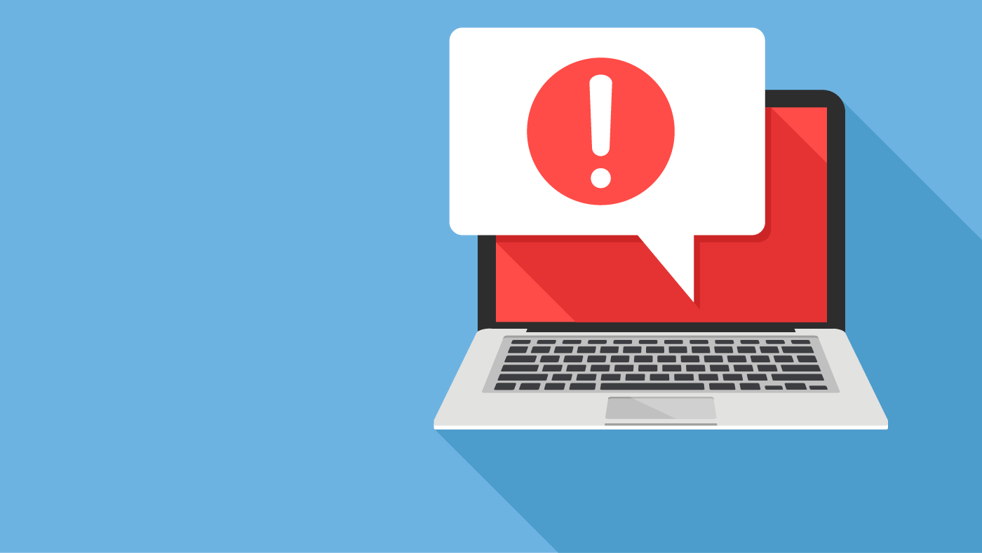 Graphic of a laptop and a comment box with a red exclamation mark