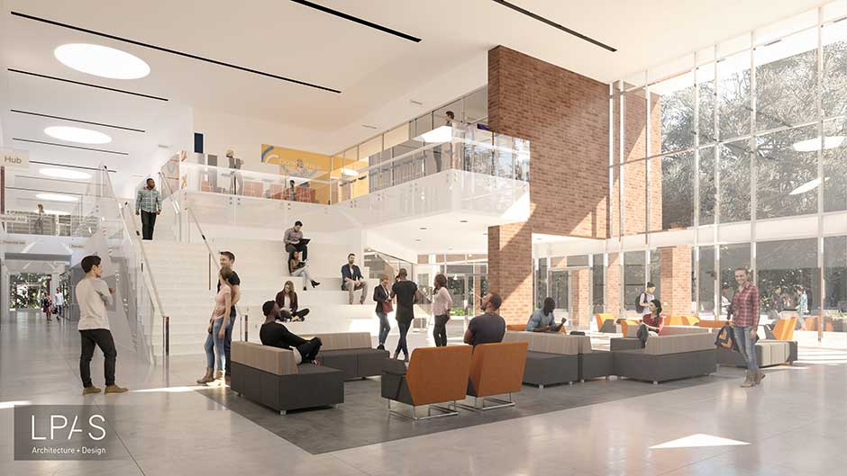 Rendering of CRC College Center building interior main lobby