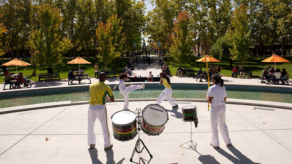 Dancers in the courtyard outside of Cosumnes River College's library