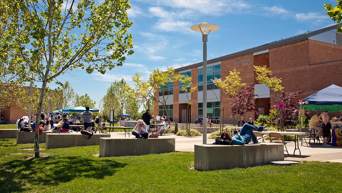 The outside of Aspen Hall on a sunny day