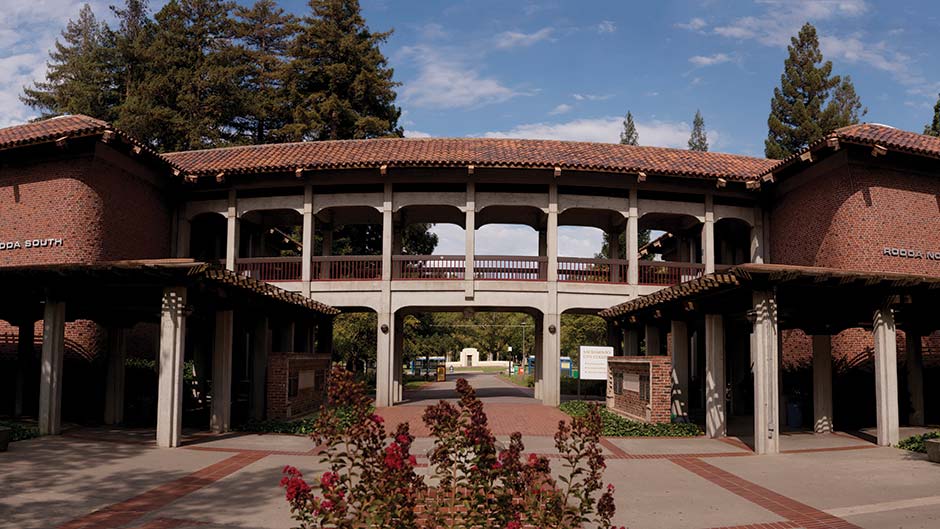 Wide angle shot of the Rodda Hall entrance