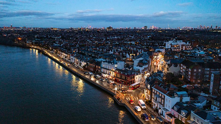 London, England arial of the city at night